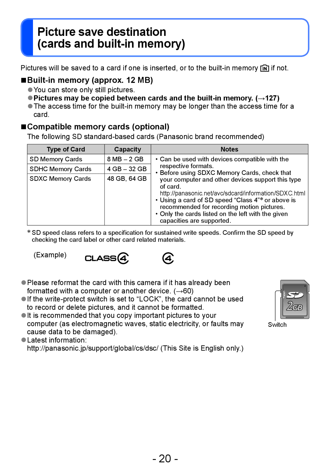 Panasonic DMC-ZS20, DMC-TZ30 manual Picture save destination cards and built-in memory, Compatible memory cards optional 