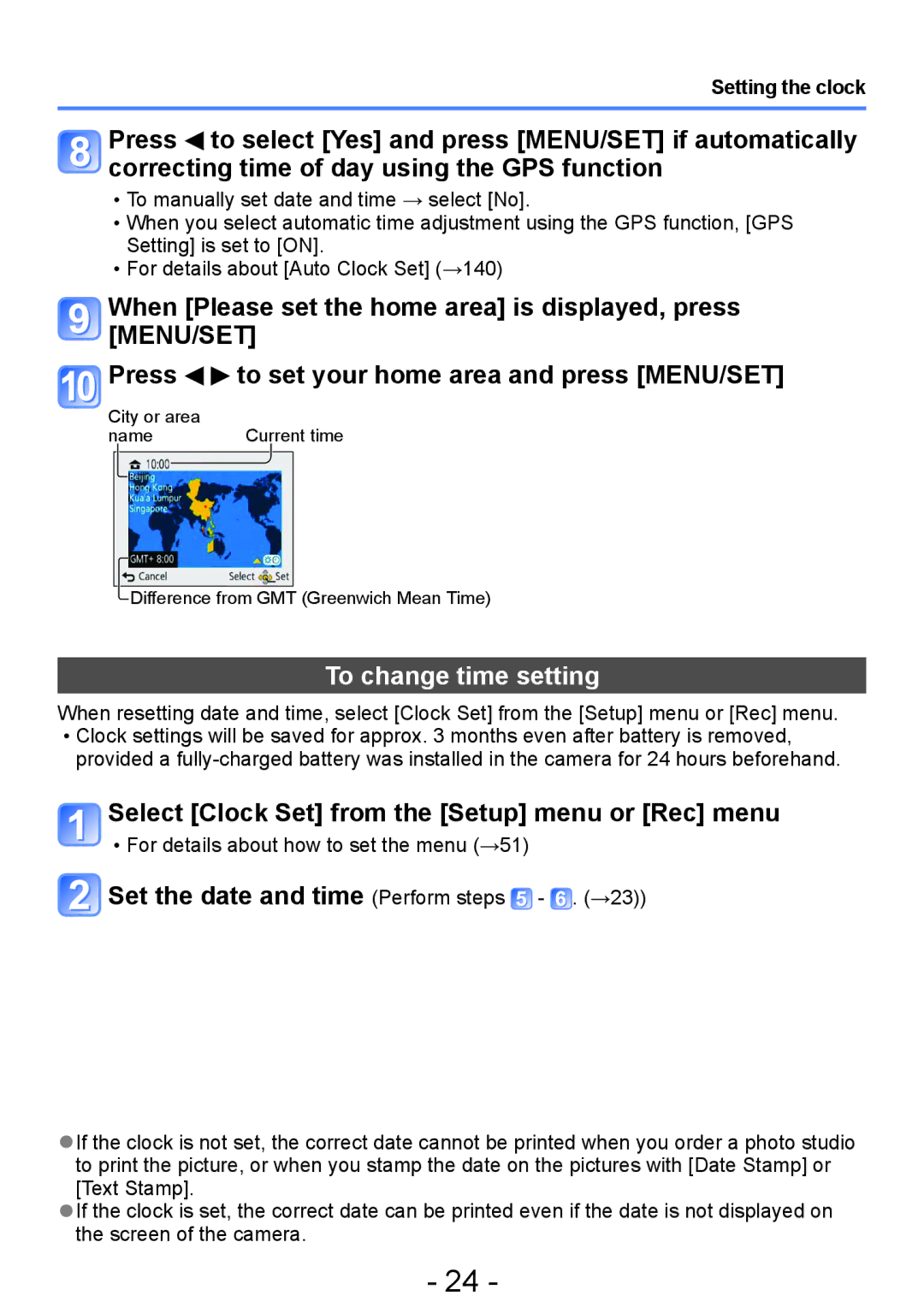 Panasonic DMC-ZS20, DMC-TZ30 To change time setting, Select Clock Set from the Setup menu or Rec menu, Setting the clock 