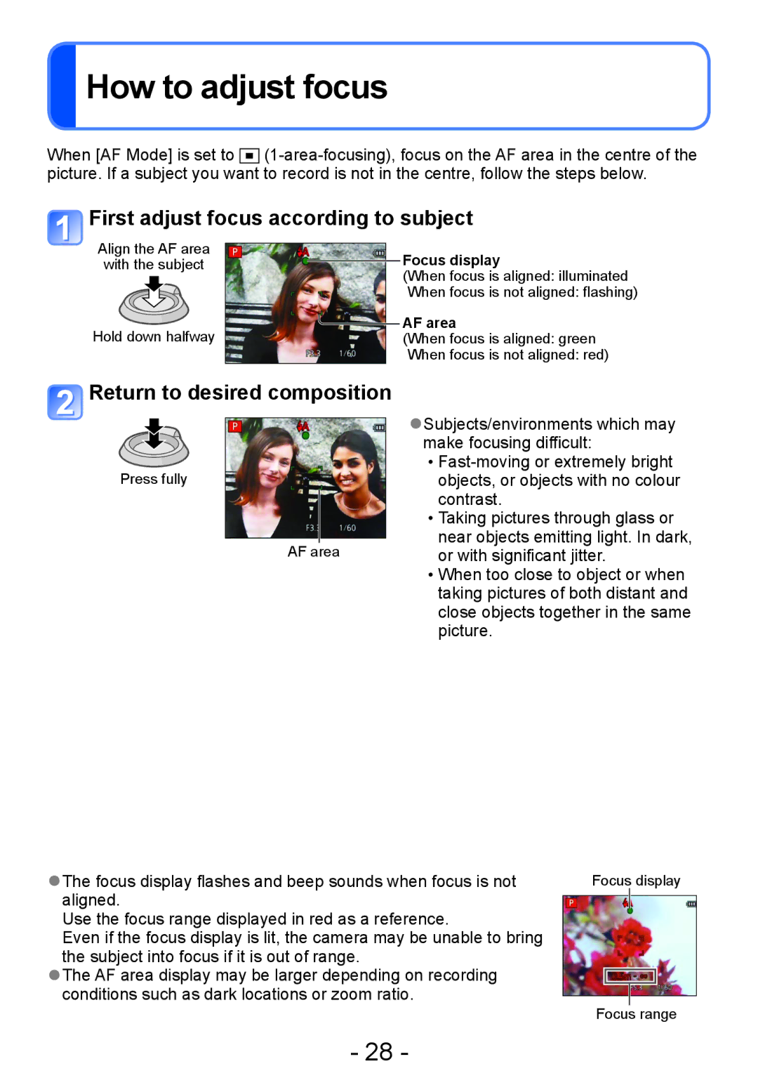 Panasonic DMC-ZS20 How to adjust focus, First adjust focus according to subject, Return to desired composition, AF area 