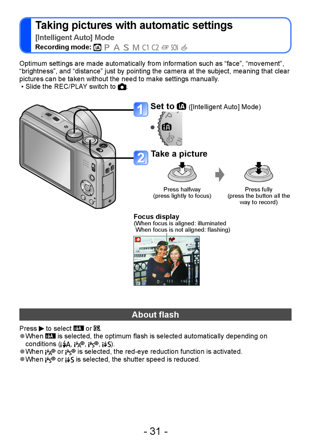 Panasonic DMC-TZ30, DMC-ZS20 manual Taking pictures with automatic settings, About flash, Focus display 