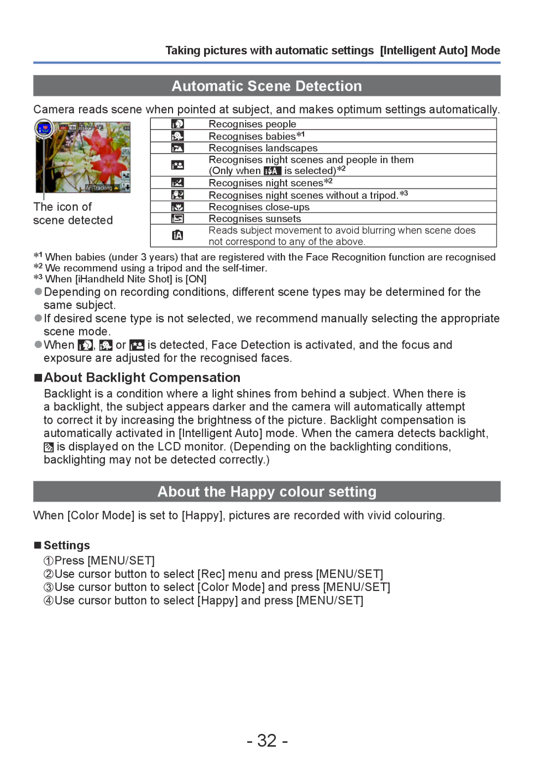Panasonic DMC-ZS20 manual Automatic Scene Detection, About the Happy colour setting, About Backlight Compensation, Settings 