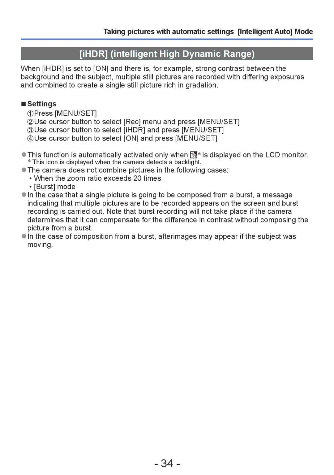 Panasonic DMC-ZS20, DMC-TZ30 manual IHDR intelligent High Dynamic Range 