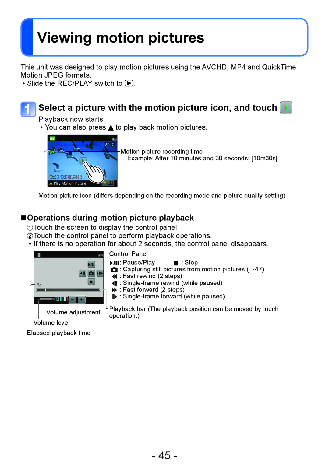 Panasonic DMC-TZ30, DMC-ZS20 manual Viewing motion pictures, Select a picture with the motion picture icon, and touch 