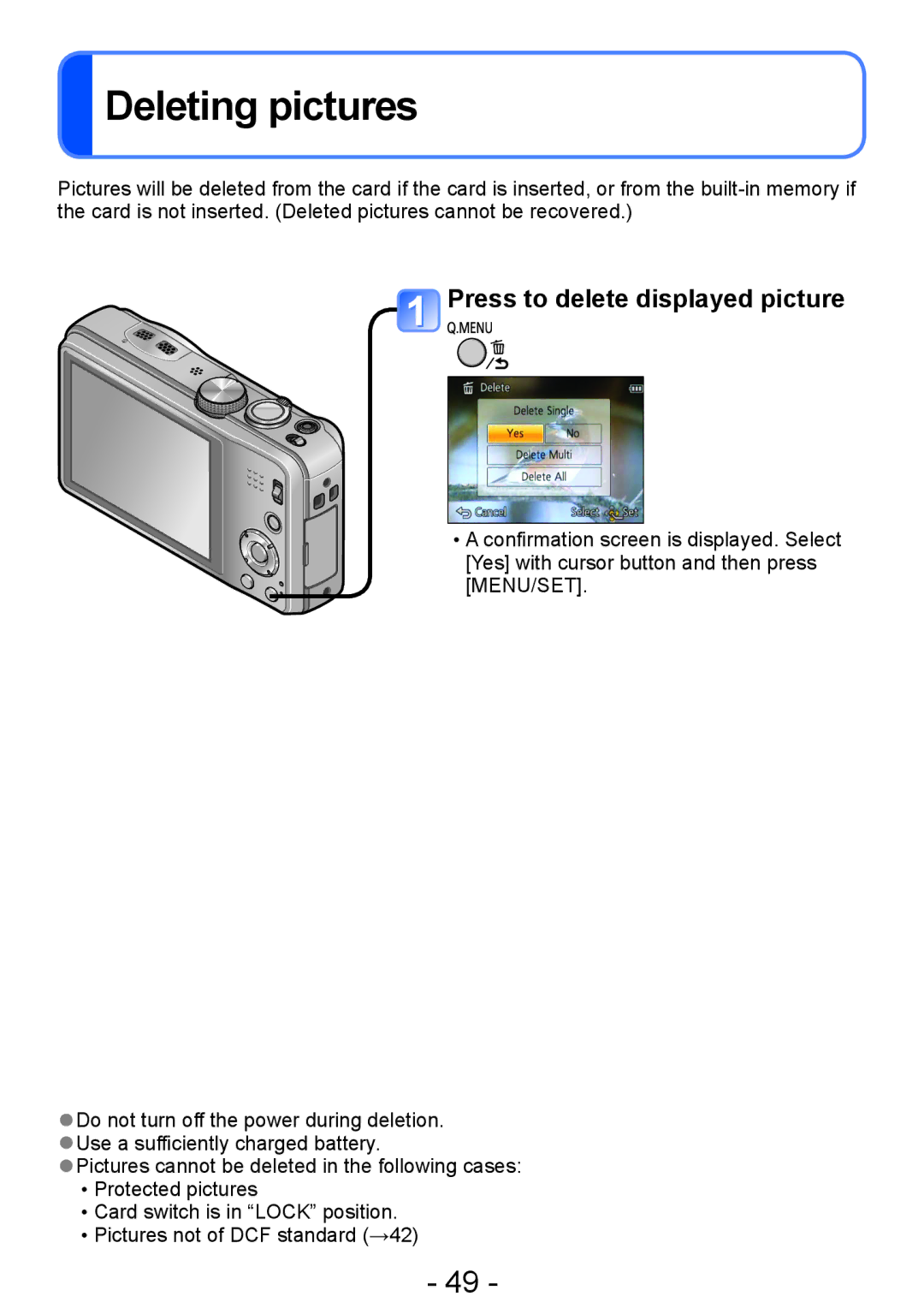 Panasonic DMC-TZ30, DMC-ZS20 manual Deleting pictures, Press to delete displayed picture 