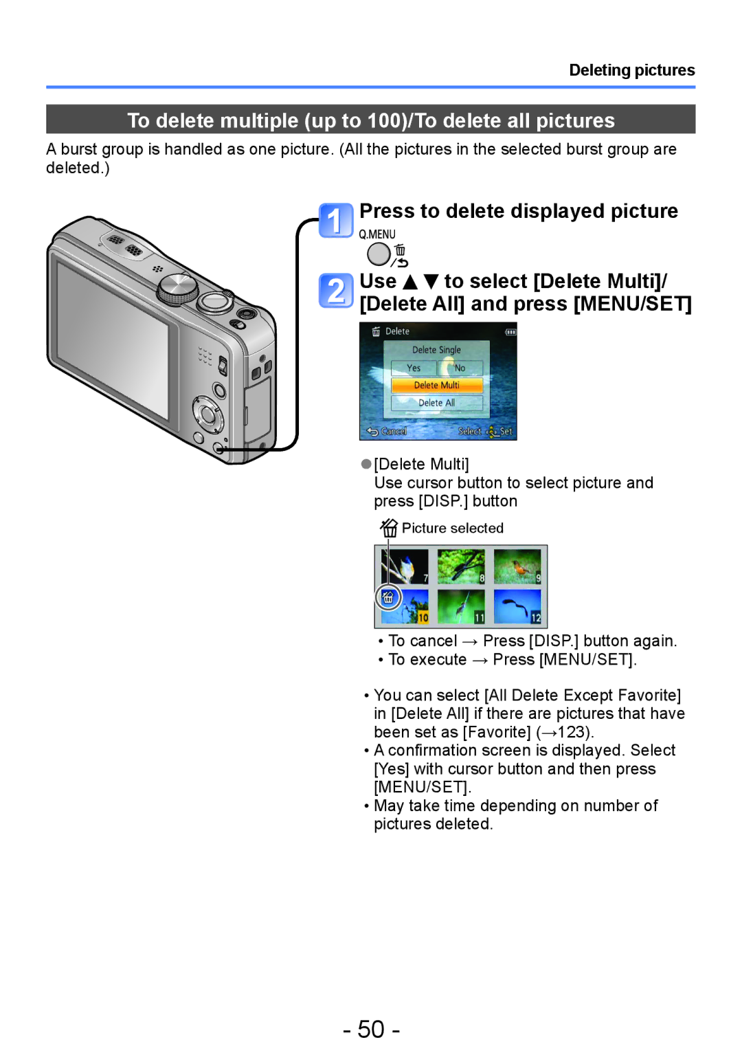 Panasonic DMC-ZS20, DMC-TZ30 manual To delete multiple up to 100/To delete all pictures, Deleting pictures 