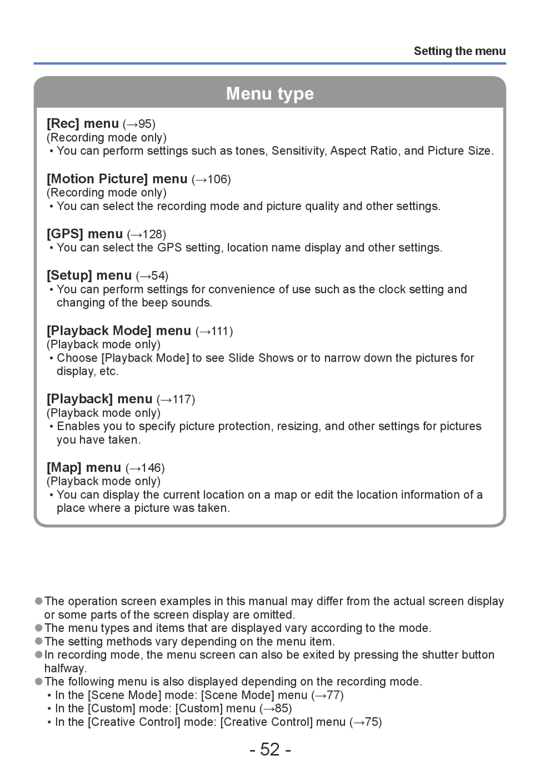 Panasonic DMC-ZS20, DMC-TZ30 manual GPS menu →128, Setup menu →54, Setting the menu 