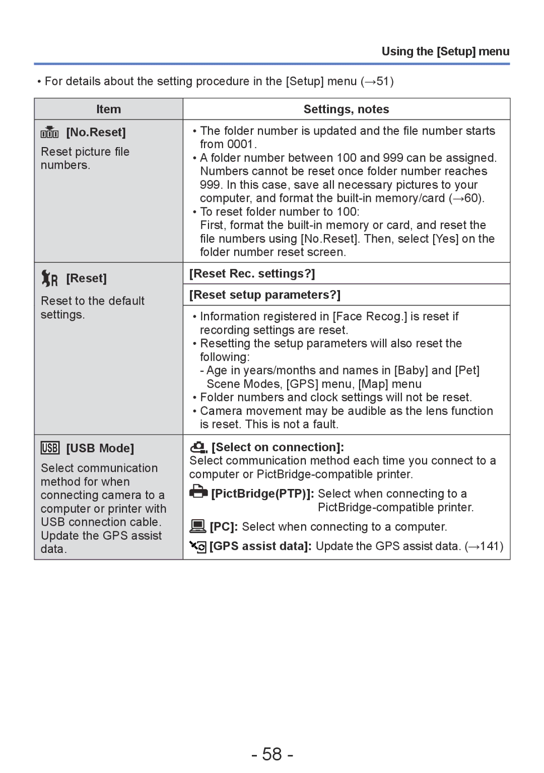 Panasonic DMC-ZS20, DMC-TZ30 No.Reset, Reset Reset Rec. settings?, Reset setup parameters?, USB Mode Select on connection 