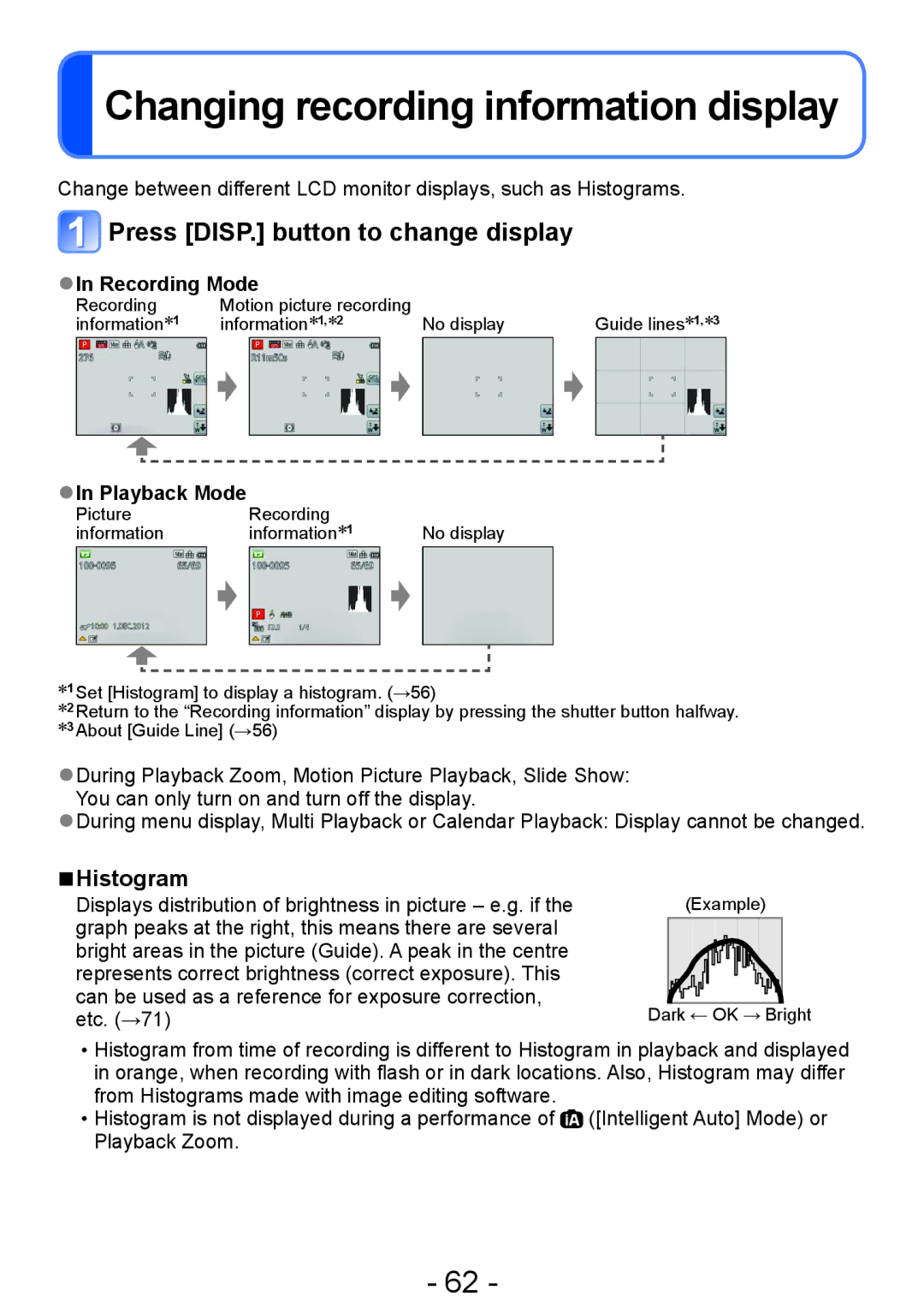 Panasonic DMC-ZS20 Changing recording information display, Press DISP. button to change display, Histogram, Playback Mode 