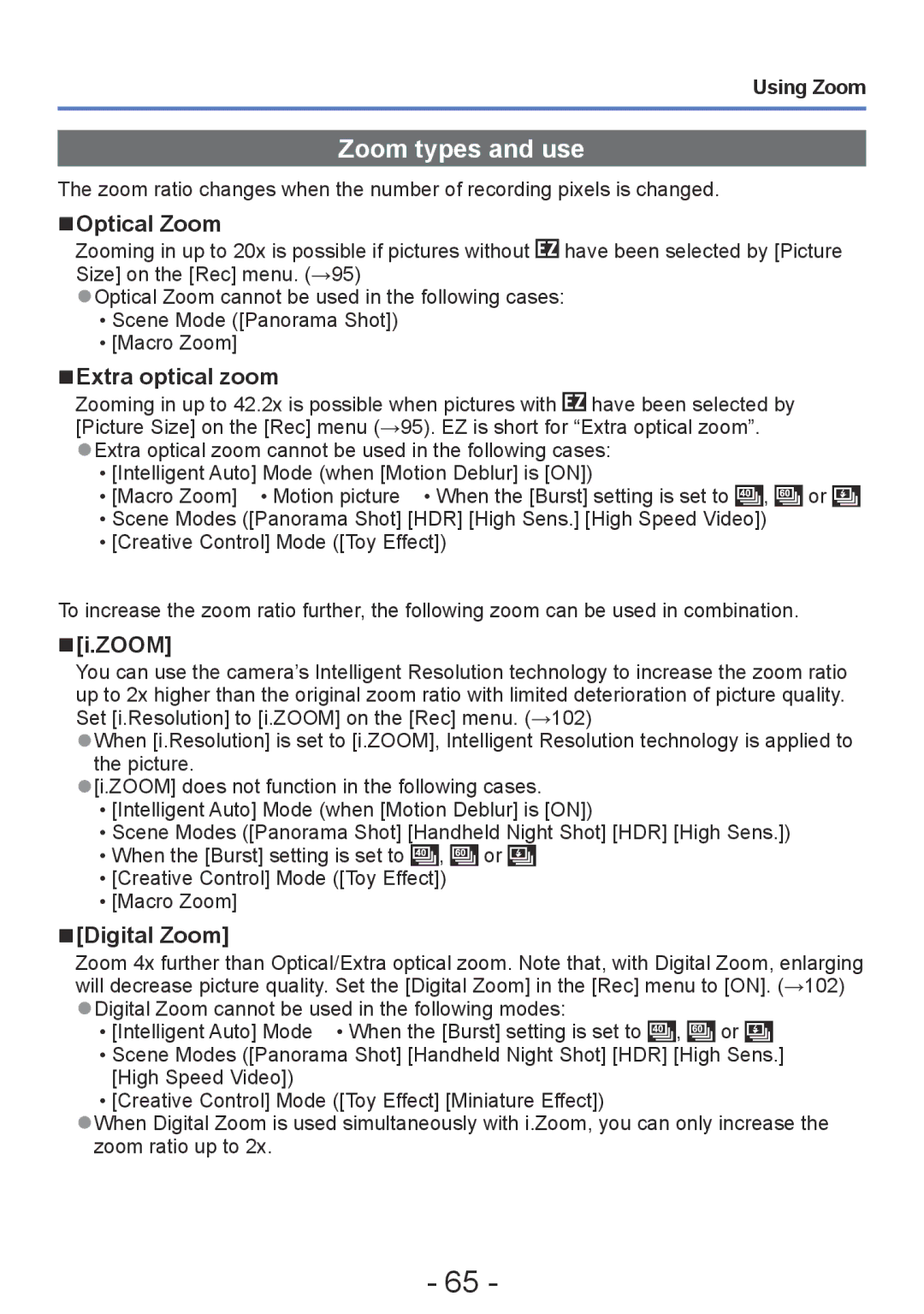 Panasonic DMC-TZ30, DMC-ZS20 manual Zoom types and use, Optical Zoom, Extra optical zoom, Digital Zoom 