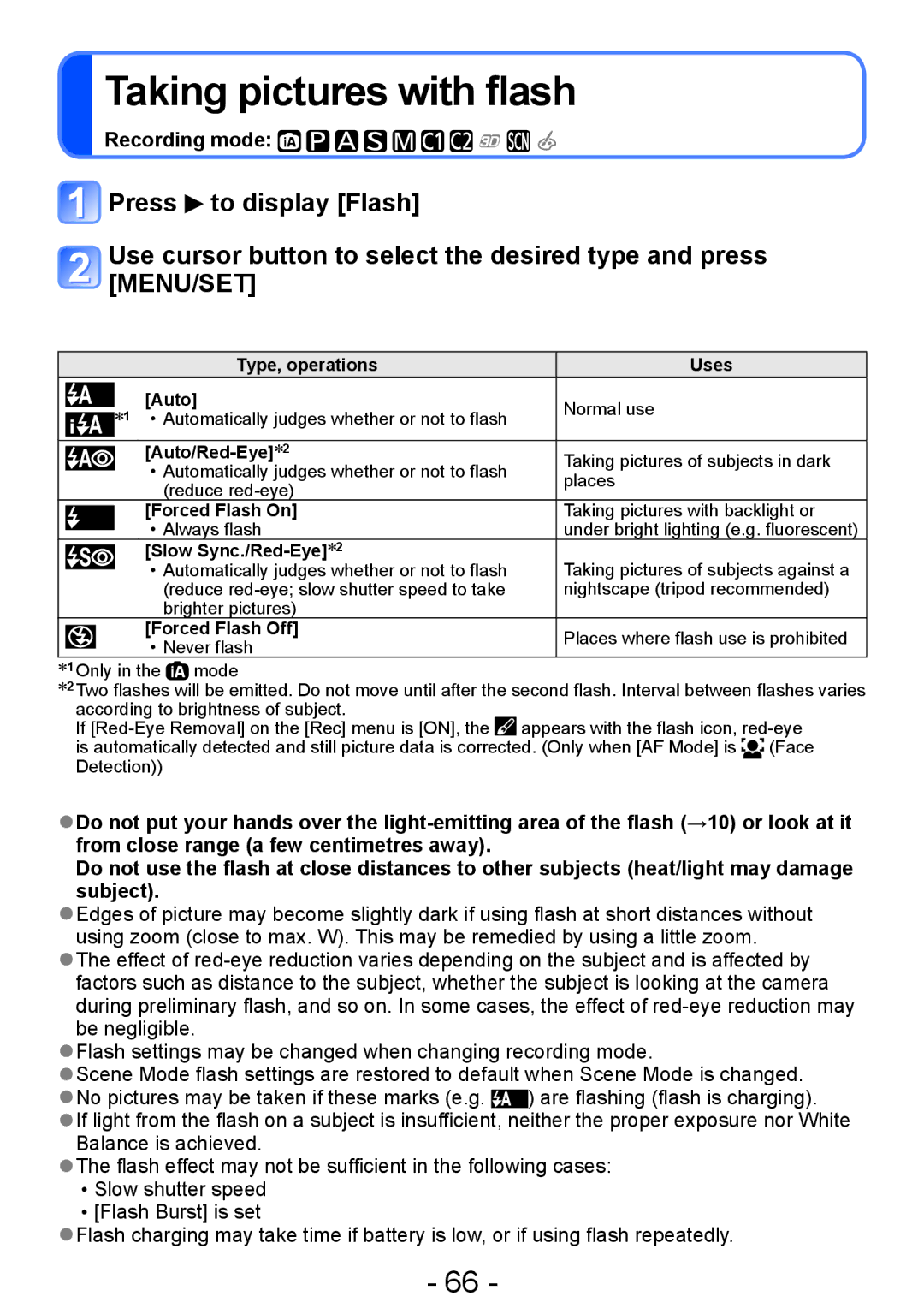 Panasonic DMC-ZS20, DMC-TZ30 manual Taking pictures with flash 