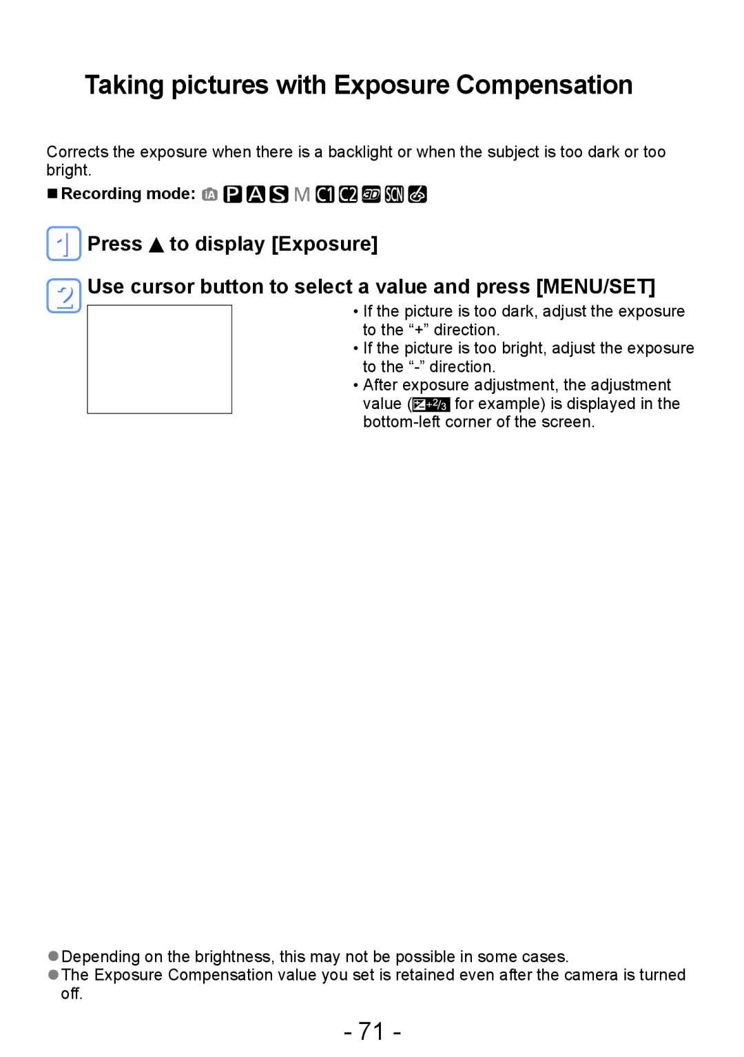 Panasonic DMC-TZ30, DMC-ZS20 manual Taking pictures with Exposure Compensation 