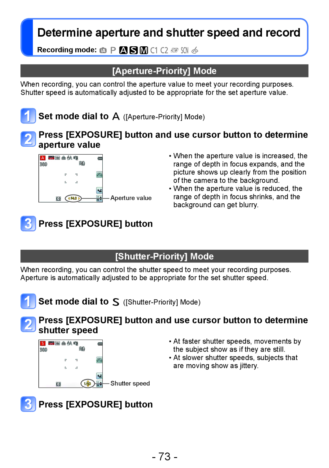 Panasonic DMC-TZ30 manual Determine aperture and shutter speed and record, Aperture-Priority Mode, Press Exposure button 