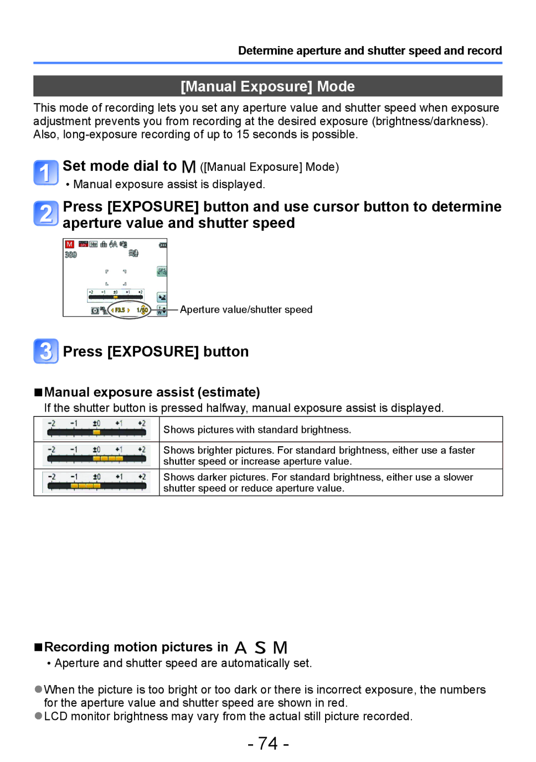 Panasonic DMC-ZS20 Manual Exposure Mode, Manual exposure assist estimate, Determine aperture and shutter speed and record 