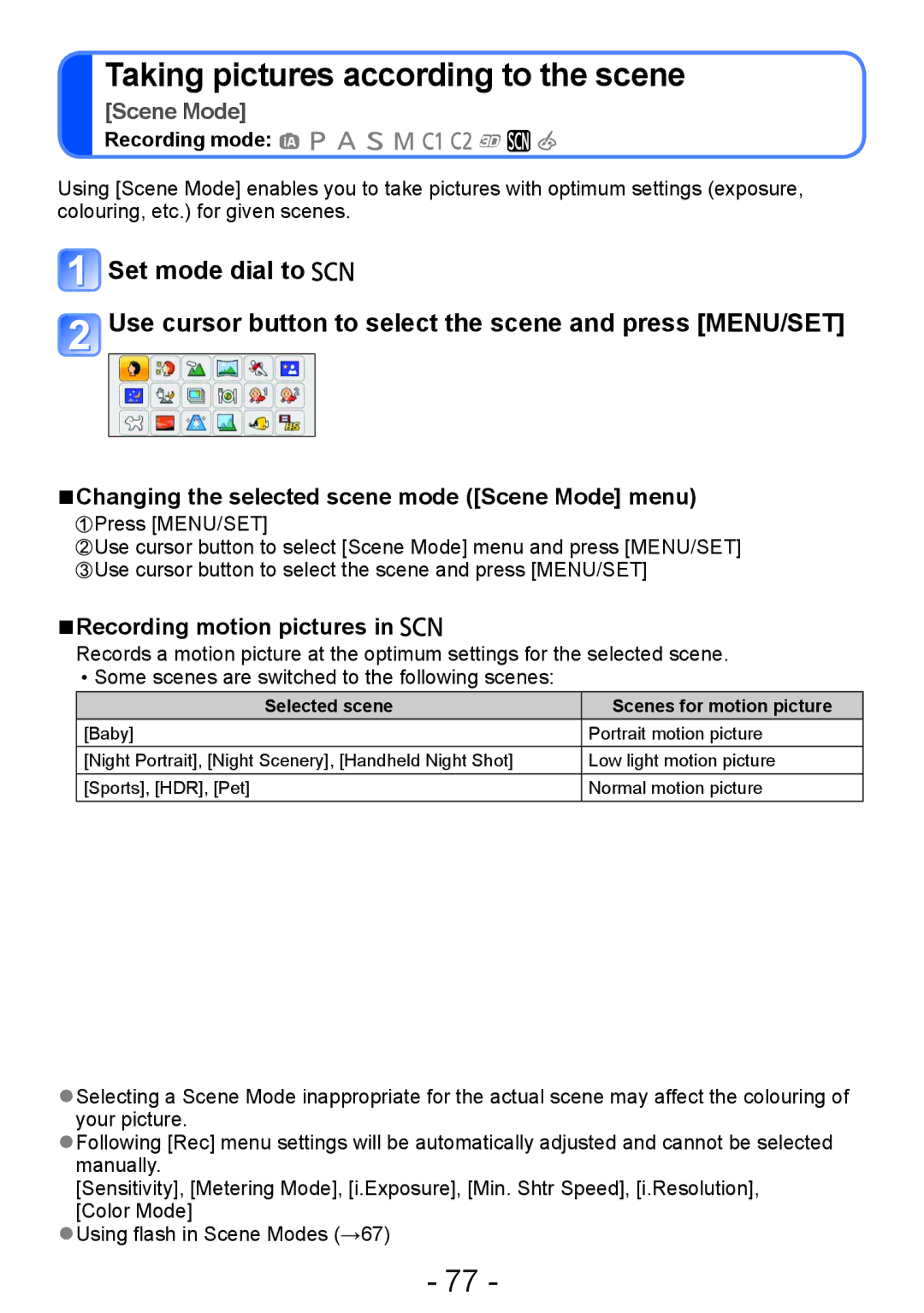 Panasonic DMC-TZ30, DMC-ZS20 manual Taking pictures according to the scene, Changing the selected scene mode Scene Mode menu 