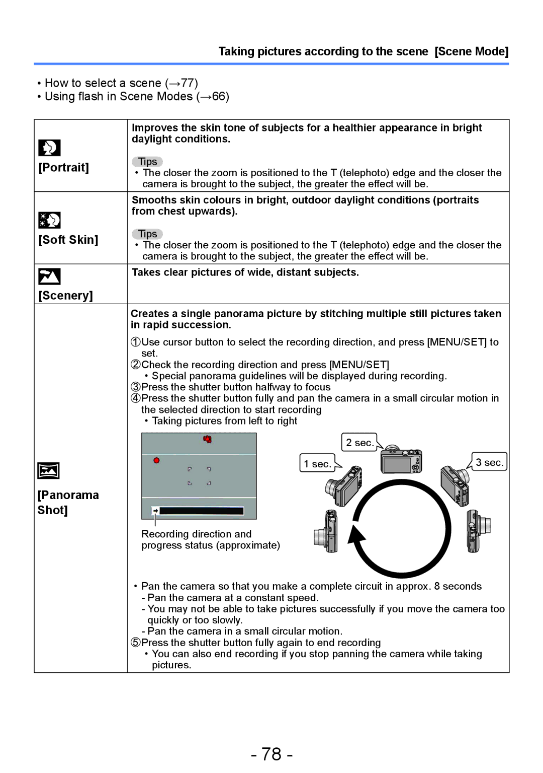 Panasonic DMC-ZS20 manual Taking pictures according to the scene Scene Mode, Portrait, Soft Skin, Scenery, Panorama Shot 