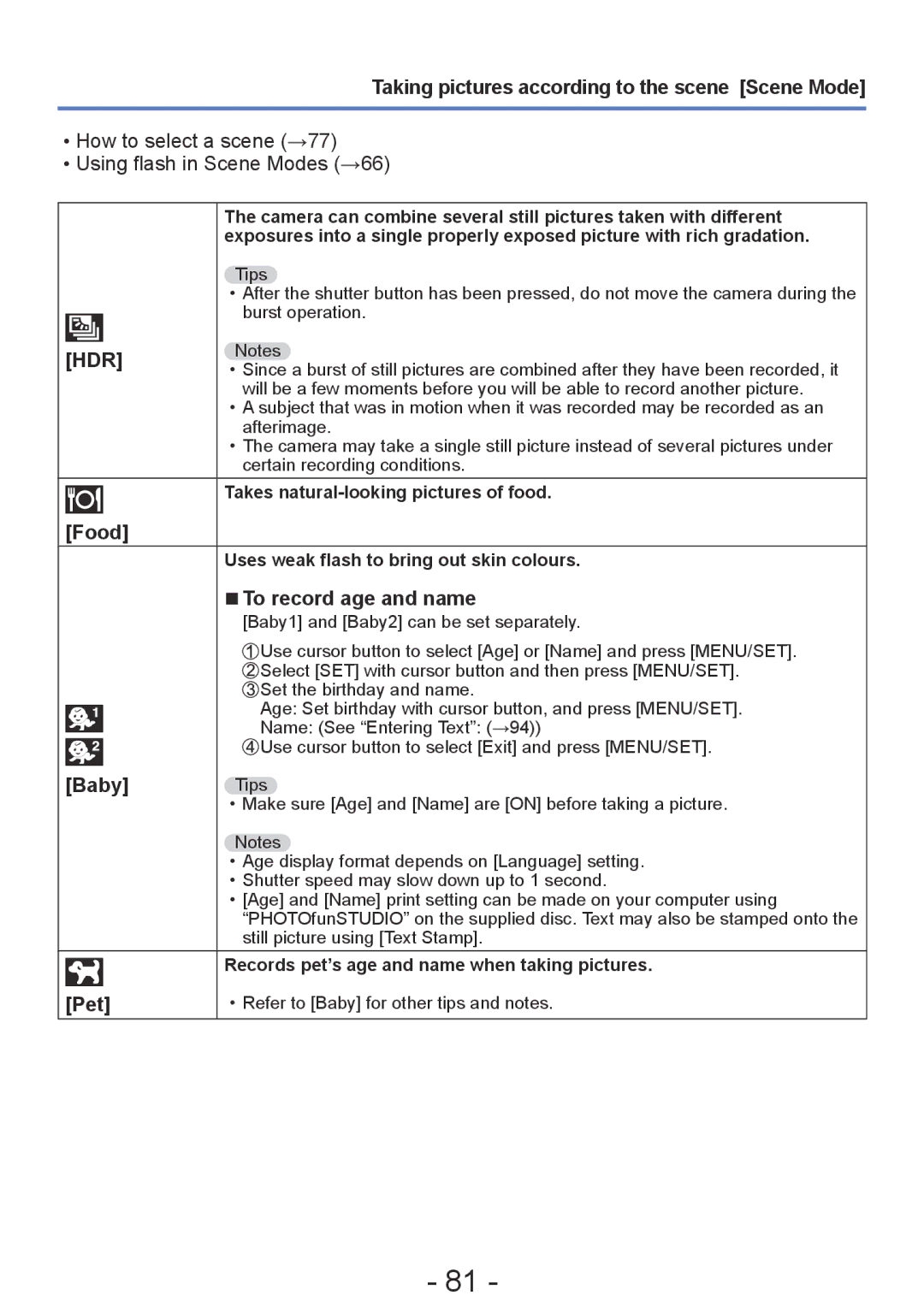 Panasonic DMC-TZ30, DMC-ZS20 manual Food, To record age and name, Baby, Pet 