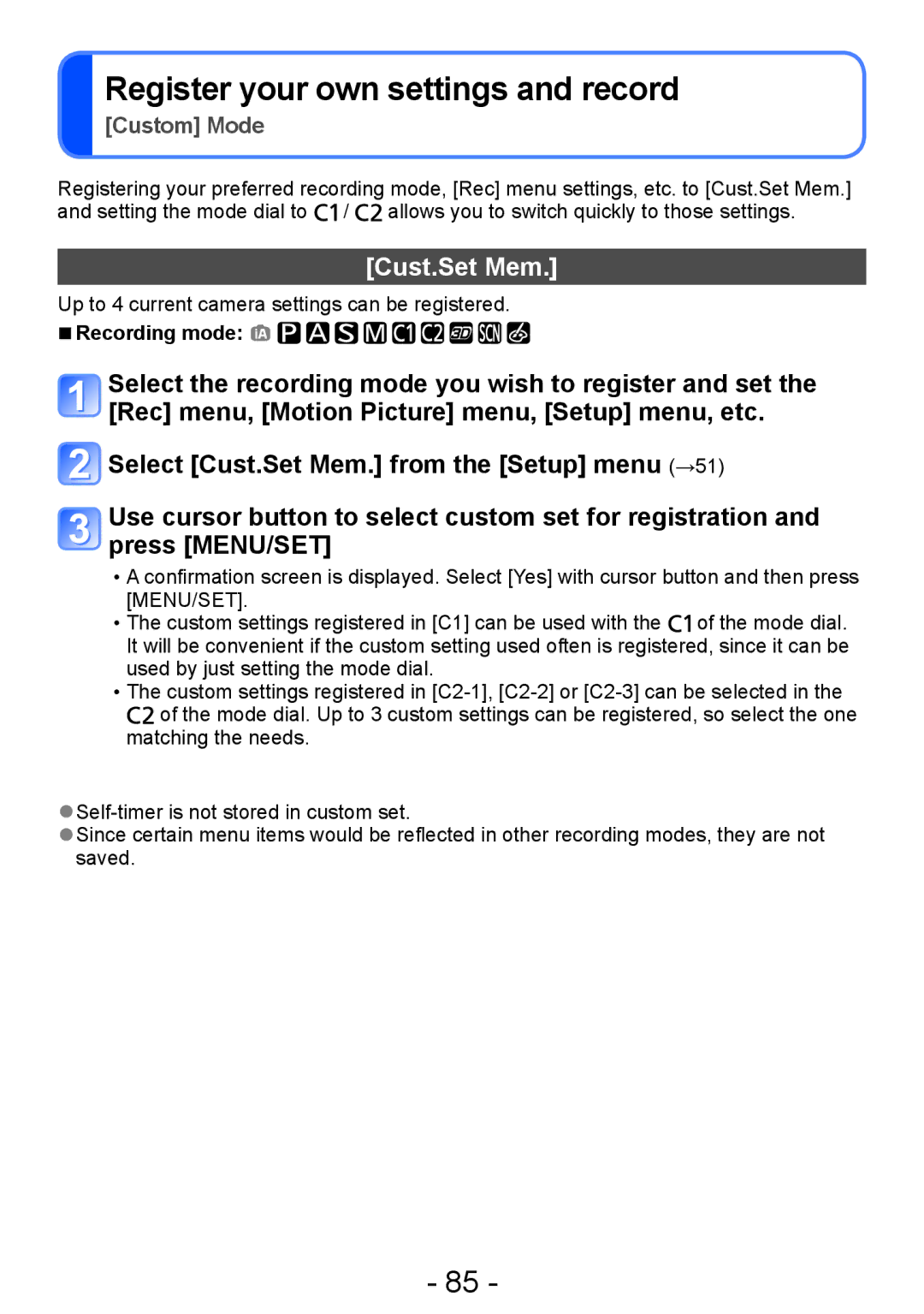 Panasonic DMC-TZ30, DMC-ZS20 manual Register your own settings and record, Cust.Set Mem 