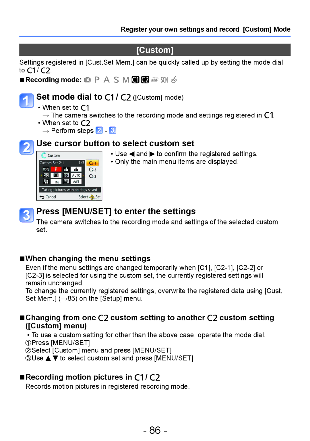 Panasonic DMC-ZS20, DMC-TZ30 manual Set mode dial to / Custom mode, Use cursor button to select custom set 