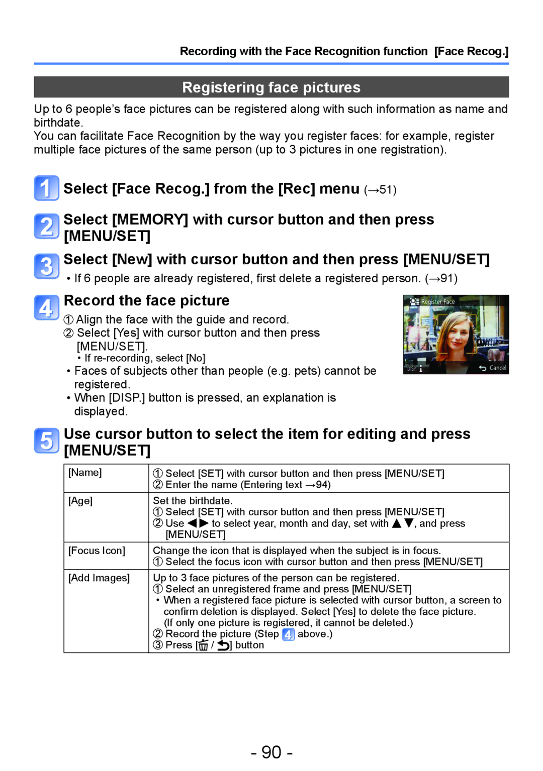 Panasonic DMC-ZS20, DMC-TZ30 manual Registering face pictures, Record the face picture 