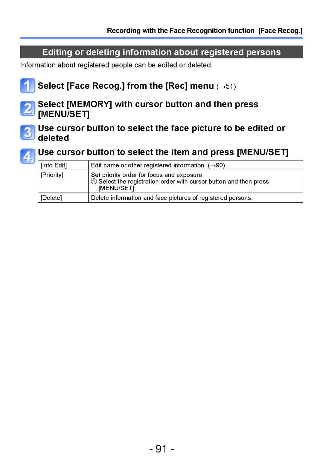 Panasonic DMC-TZ30, DMC-ZS20 manual Editing or deleting information about registered persons 