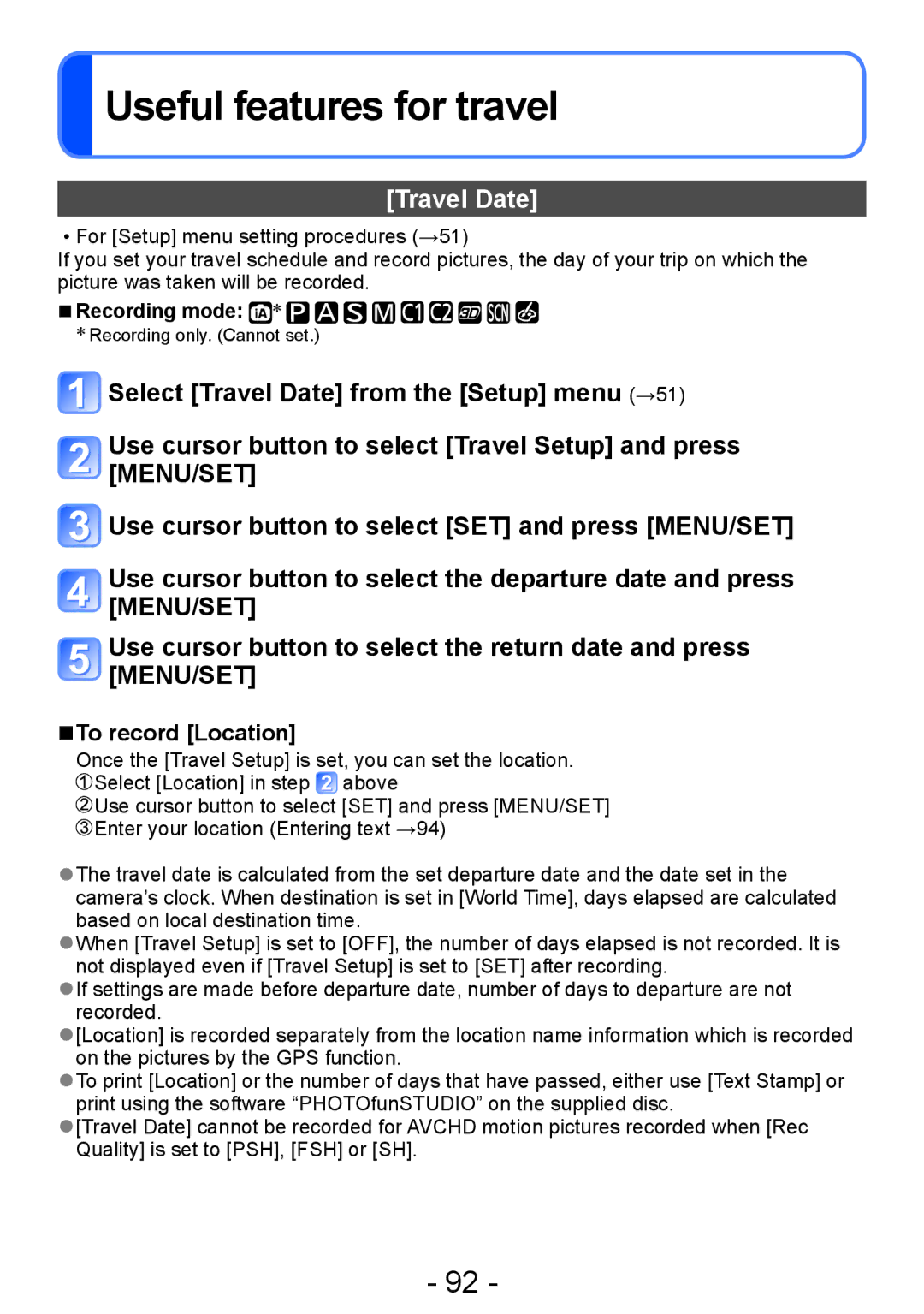 Panasonic DMC-ZS20, DMC-TZ30 manual Useful features for travel, Travel Date, To record Location, Recording mode ∗ 