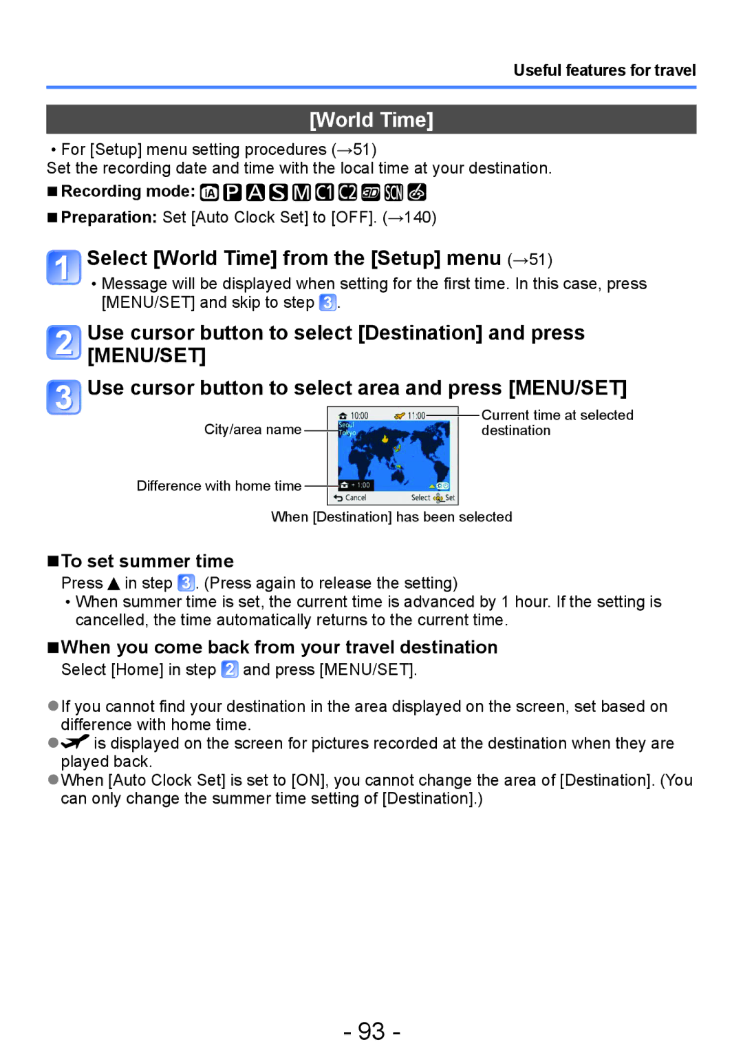 Panasonic DMC-TZ30, DMC-ZS20 Select World Time from the Setup menu →51, To set summer time, Useful features for travel 