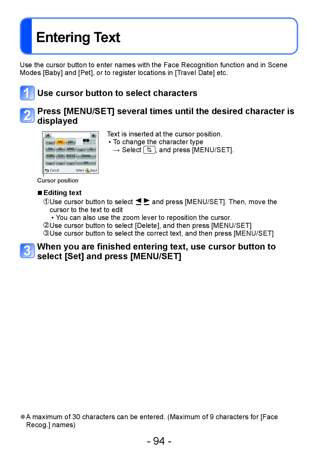 Panasonic DMC-ZS20, DMC-TZ30 manual Entering Text, Editing text 