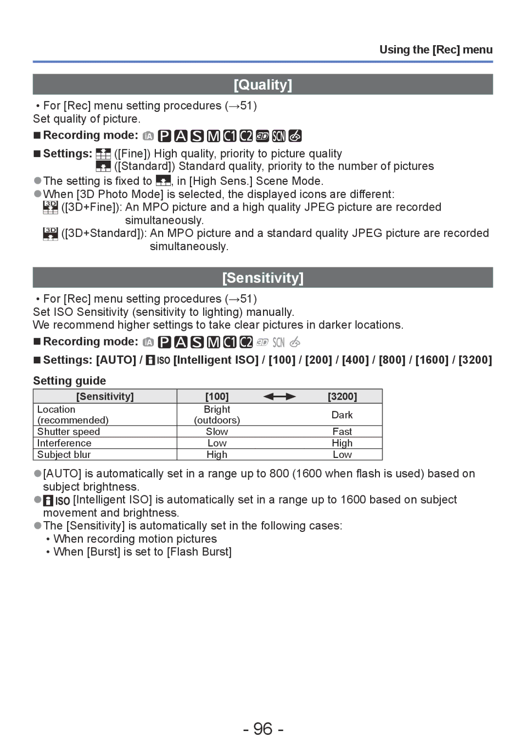 Panasonic DMC-ZS20, DMC-TZ30 manual Quality, Using the Rec menu, Recording mode Settings, Sensitivity 100 3200 