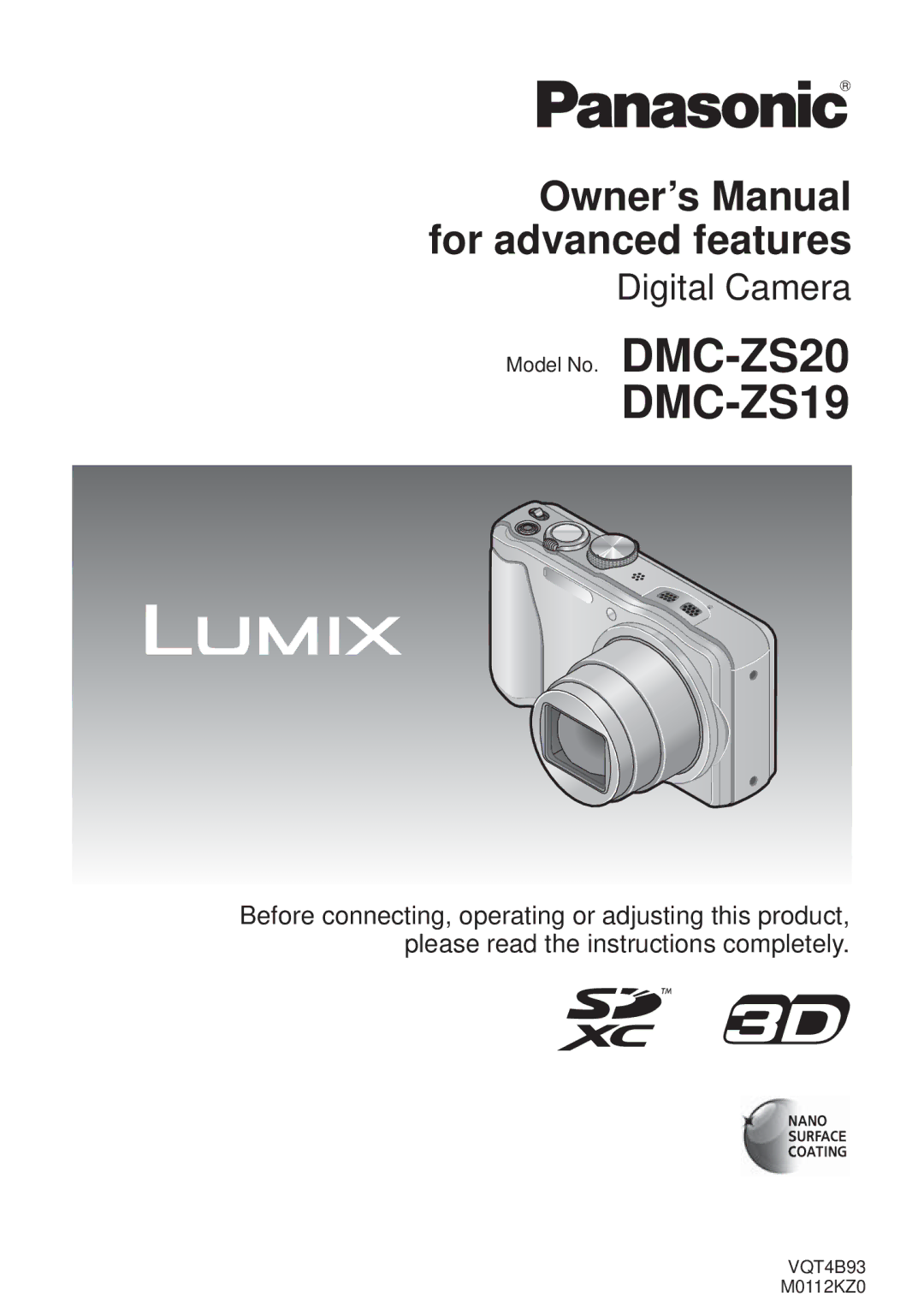 Panasonic DMC-ZS19, DMC-ZS20, DMCZS20K, M0112KZ0, VQT4B93 owner manual 