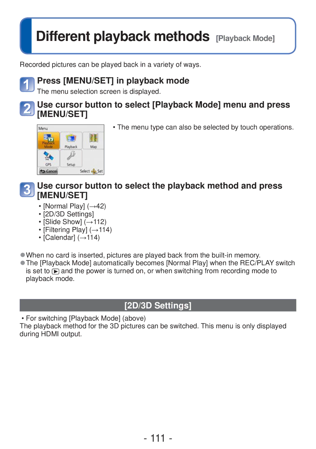 Panasonic DMC-ZS19, VQT4B93 Different playback methods Playback Mode, 111, Press MENU/SET in playback mode, 2D/3D Settings 