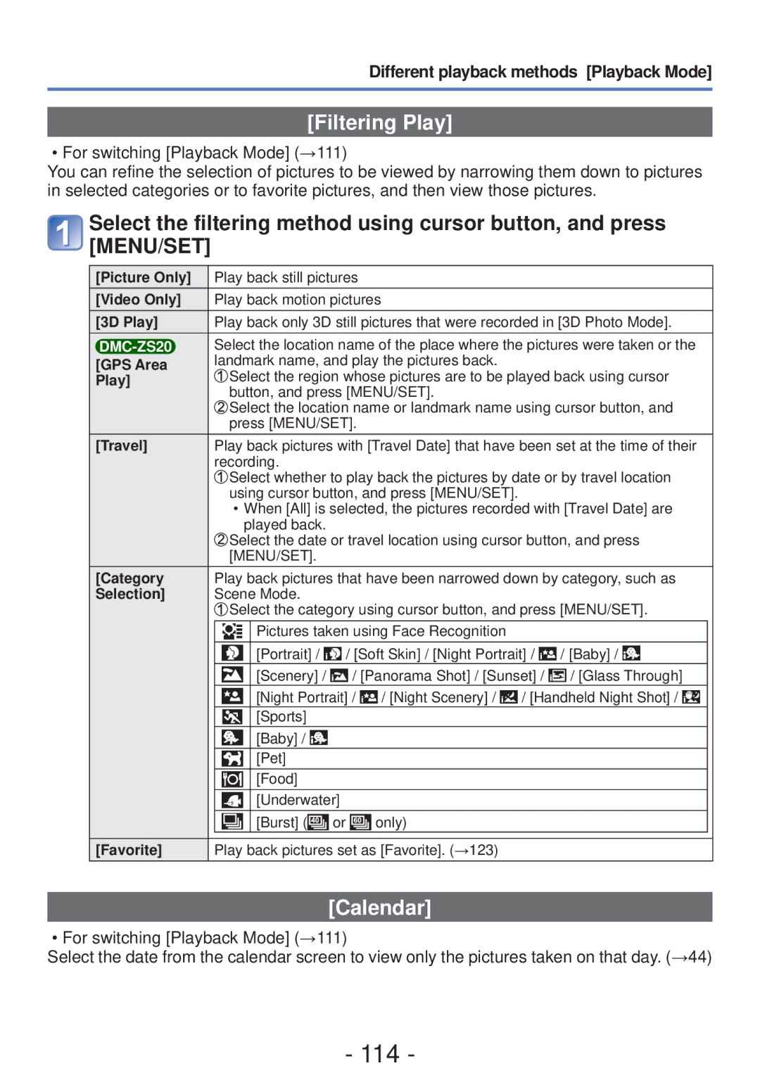 Panasonic VQT4B93, DMC-ZS20, DMC-ZS19, DMCZS20K, M0112KZ0 owner manual 114, Filtering Play, Calendar 