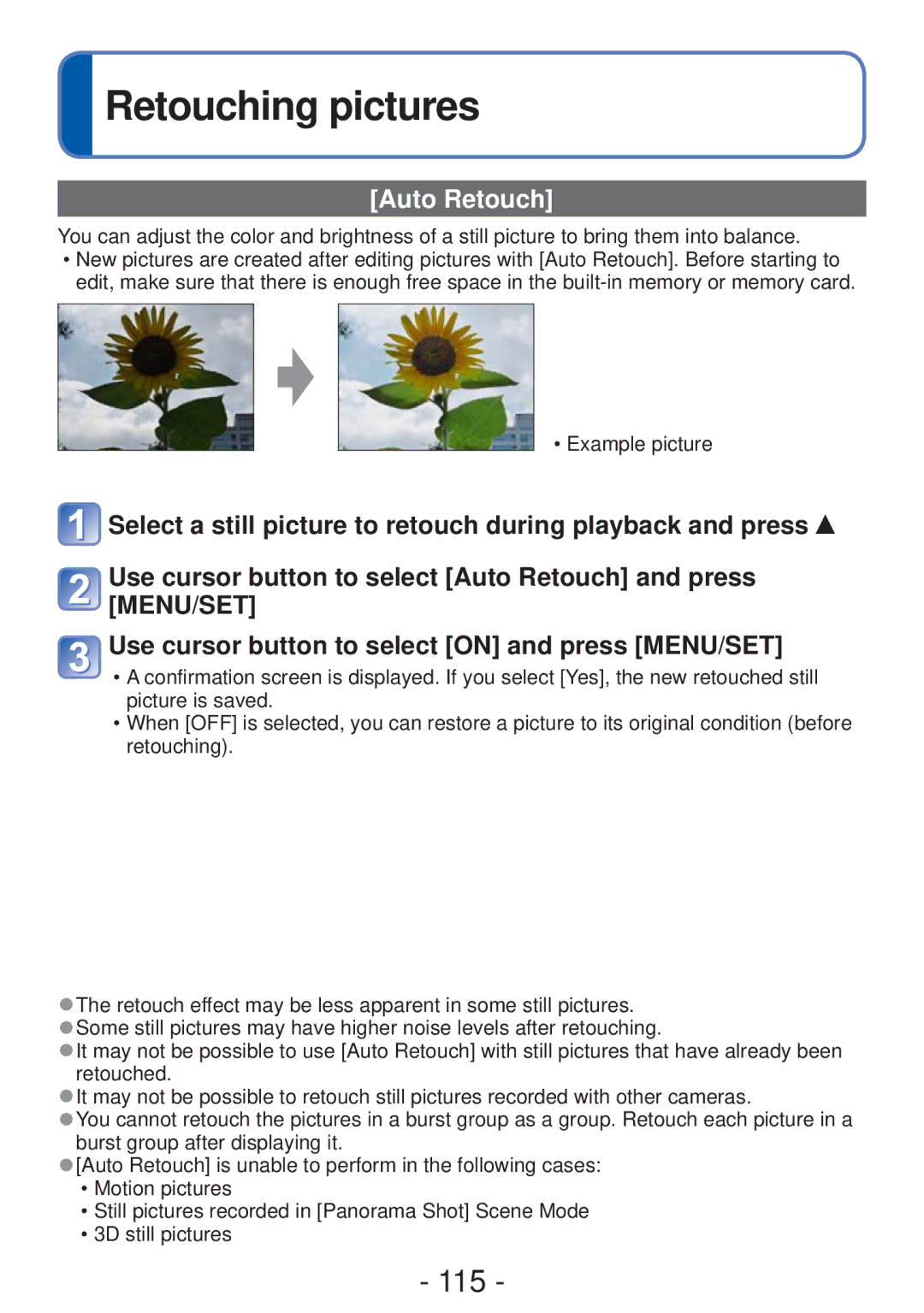 Panasonic DMC-ZS20, DMC-ZS19, DMCZS20K, M0112KZ0, VQT4B93 owner manual Retouching pictures, 115, Auto Retouch 