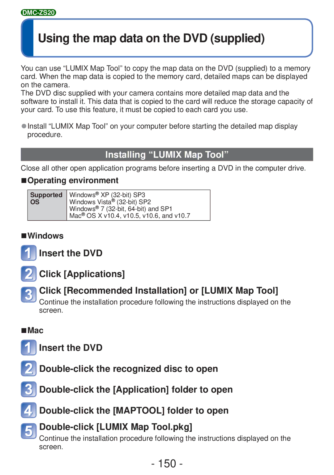 Panasonic DMC-ZS20, DMC-ZS19, DMCZS20K Using the map data on the DVD supplied, 150, Installing Lumix Map Tool, Windows, Mac 