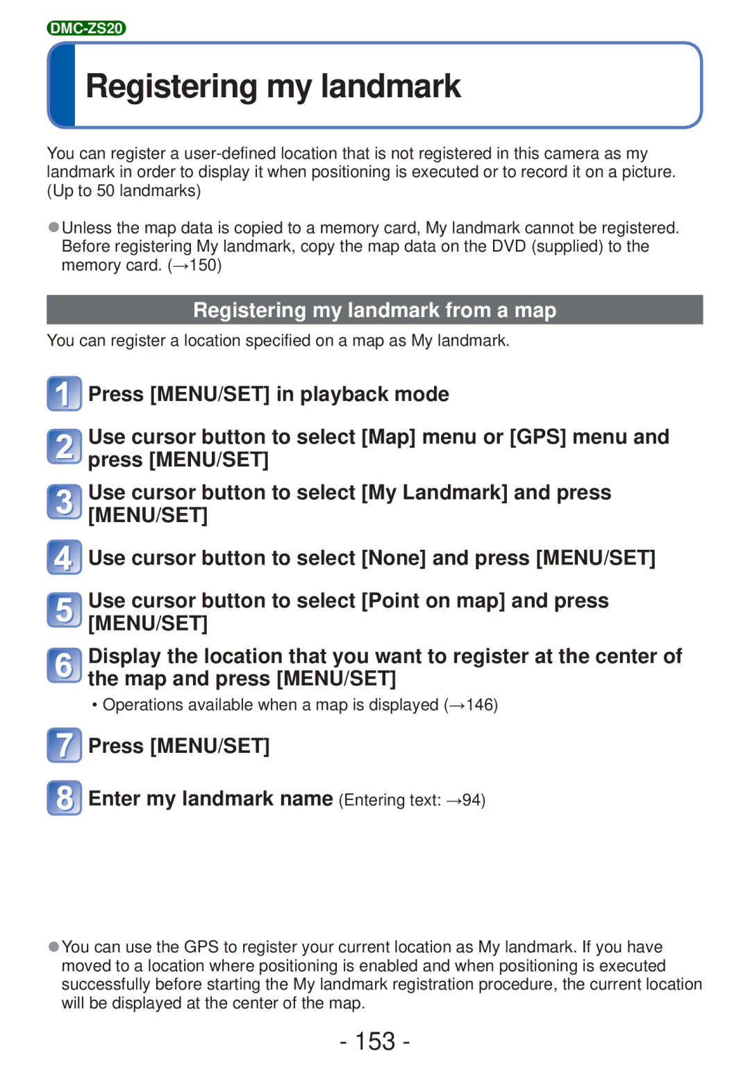 Panasonic M0112KZ0 153, Registering my landmark from a map, Press MENU/SET Enter my landmark name Entering text →94 