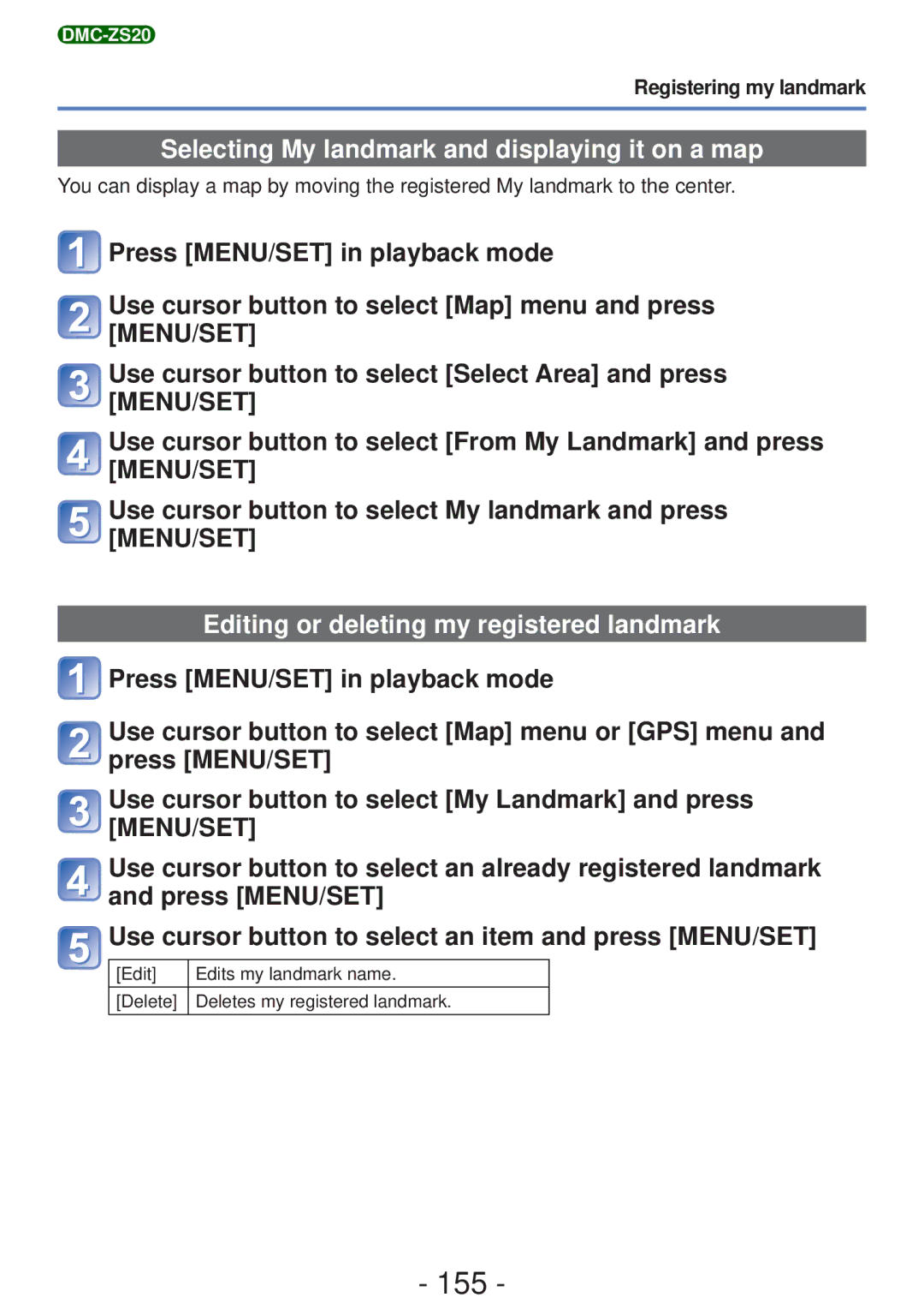 Panasonic DMC-ZS20 155, Selecting My landmark and displaying it on a map, Editing or deleting my registered landmark 