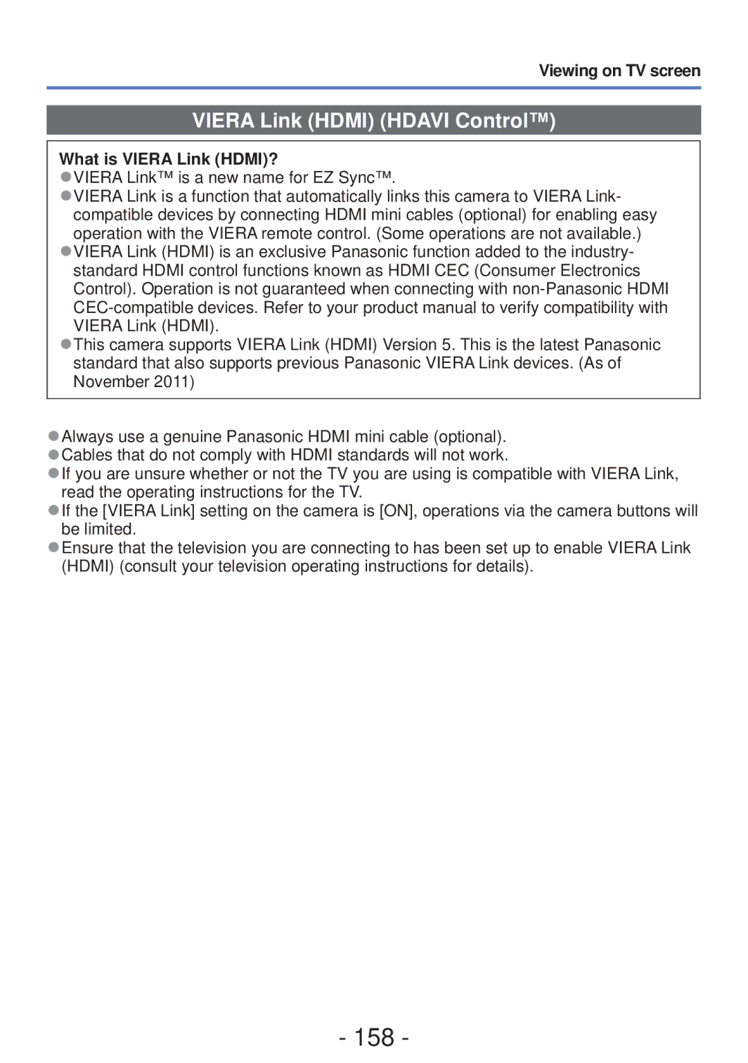 Panasonic M0112KZ0, DMC-ZS20, DMC-ZS19, DMCZS20K, VQT4B93 158, Viera Link Hdmi Hdavi Control, What is Viera Link HDMI? 