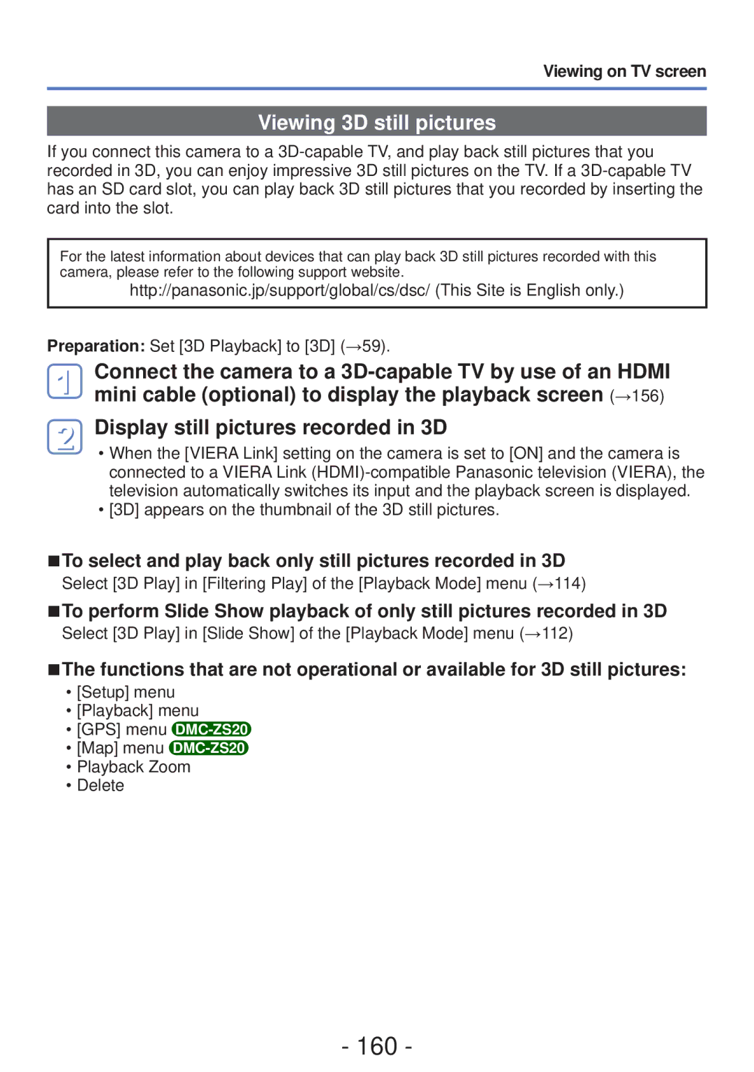 Panasonic DMC-ZS20, DMC-ZS19 160, Viewing 3D still pictures, To select and play back only still pictures recorded in 3D 