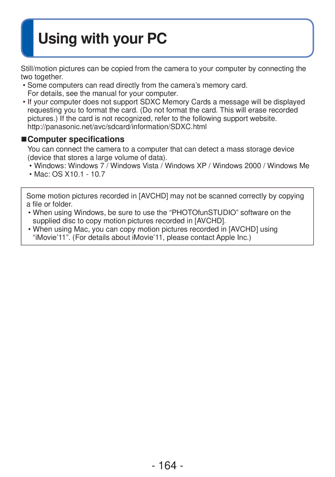 Panasonic VQT4B93, DMC-ZS20, DMC-ZS19, DMCZS20K, M0112KZ0 owner manual Using with your PC, 164, Computer specifications 