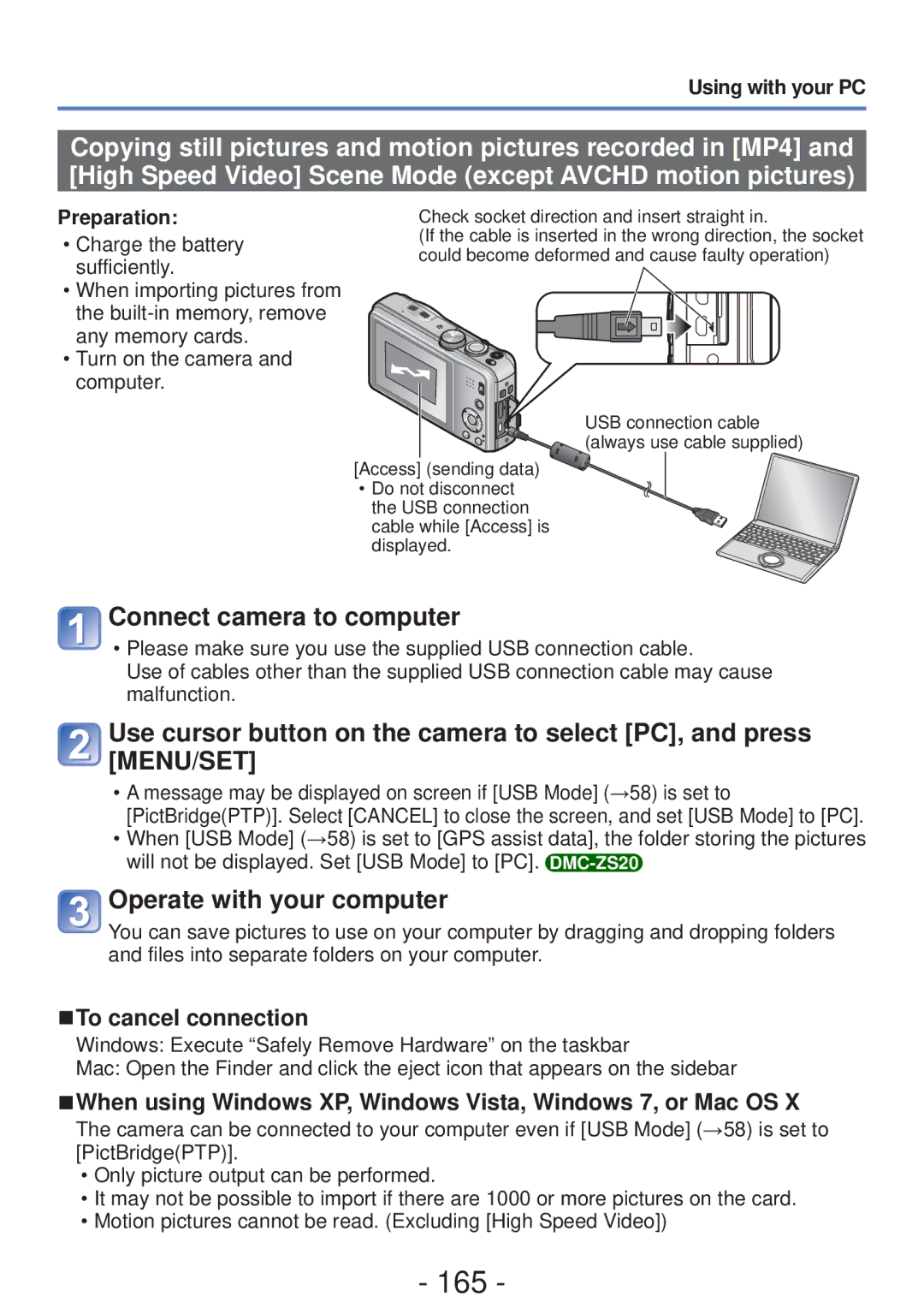 Panasonic DMC-ZS20, DMC-ZS19, DMCZS20K 165, Connect camera to computer, Operate with your computer, To cancel connection 