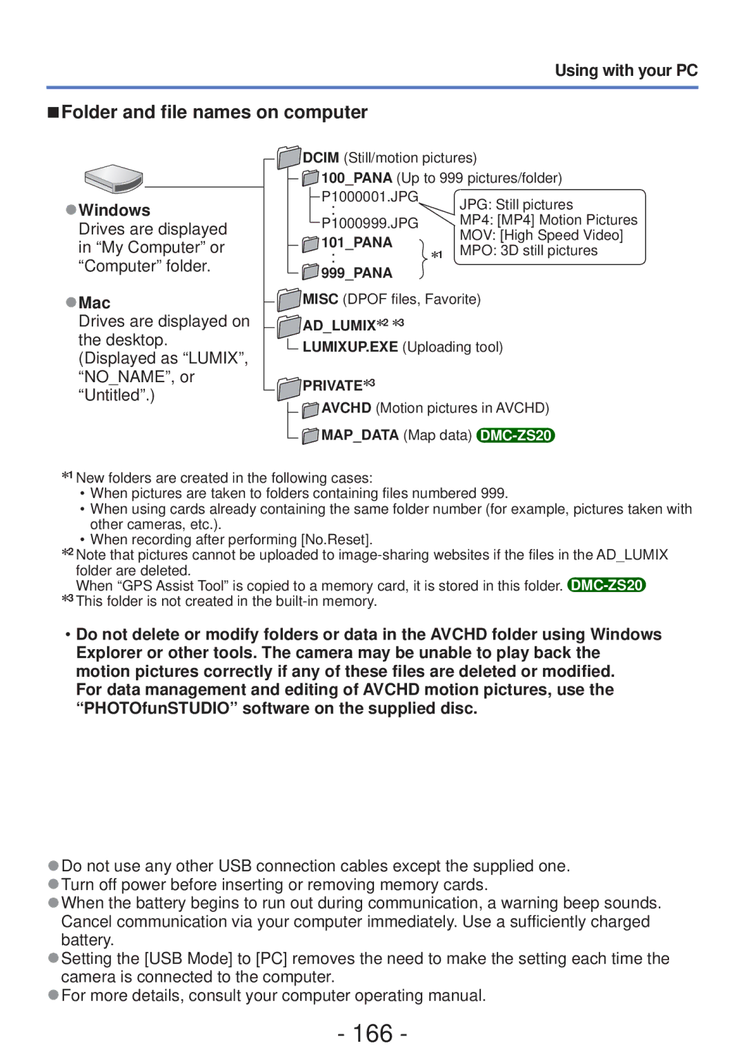 Panasonic DMC-ZS19 166, Folder and file names on computer, 101PANA, 999PANA, ADLUMIX∗2 ∗3 LUMIXUP.EXE Uploading tool 