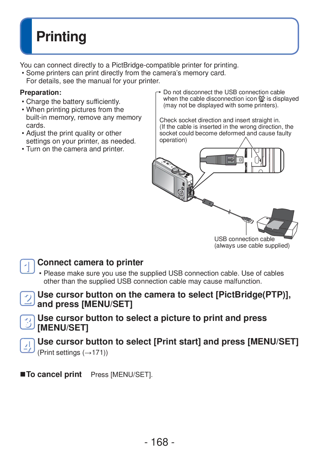 Panasonic M0112KZ0, DMC-ZS20, DMC-ZS19, DMCZS20K, VQT4B93 owner manual Printing, 168, Connect camera to printer 