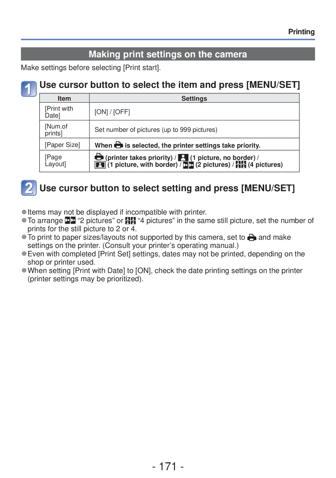 Panasonic DMC-ZS19 171, Making print settings on the camera, Use cursor button to select setting and press MENU/SET 