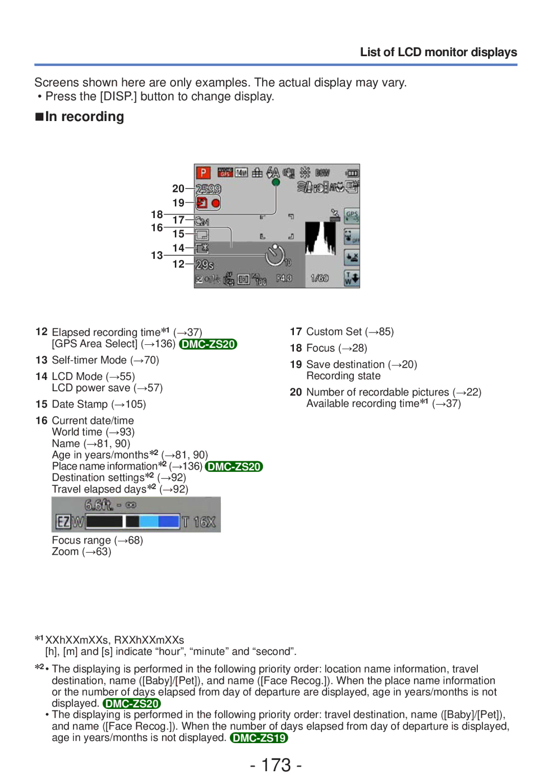 Panasonic M0112KZ0, DMC-ZS20, DMC-ZS19, DMCZS20K, VQT4B93 owner manual 173, List of LCD monitor displays 