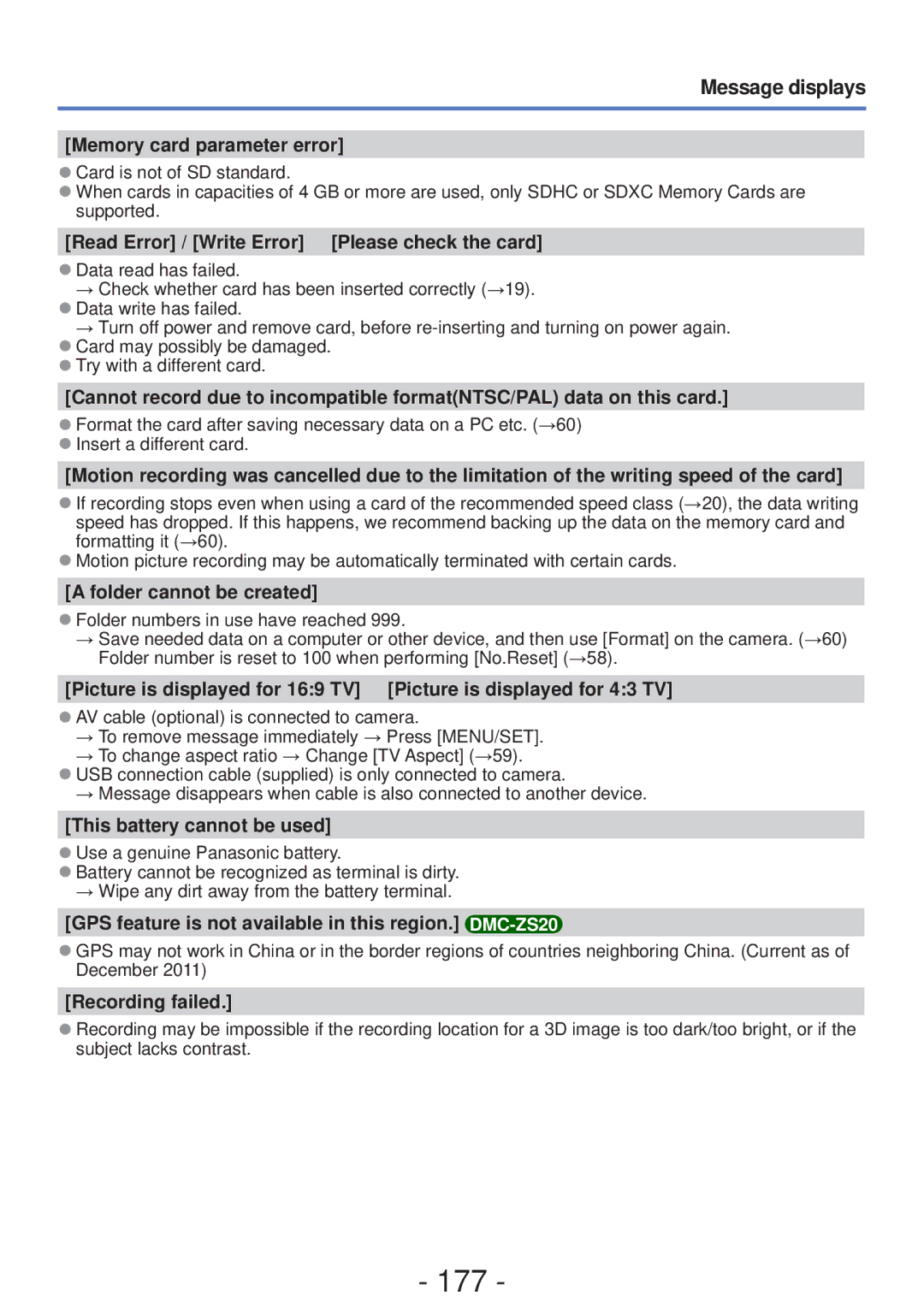 Panasonic DMCZS20K, DMC-ZS20, DMC-ZS19, M0112KZ0, VQT4B93 owner manual 177, Message displays 