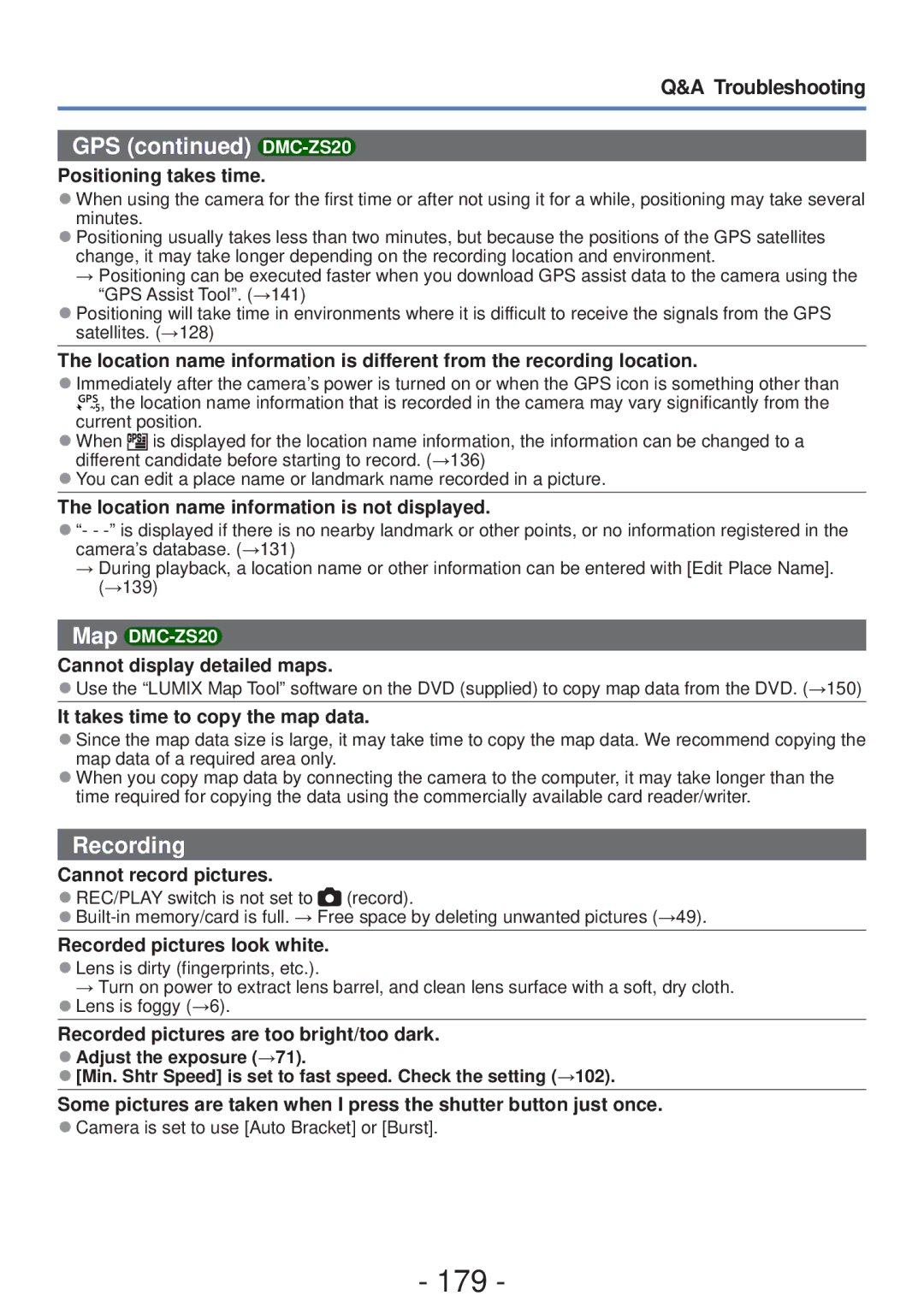 Panasonic VQT4B93, DMC-ZS20, DMC-ZS19, DMCZS20K, M0112KZ0 owner manual 179, Troubleshooting 