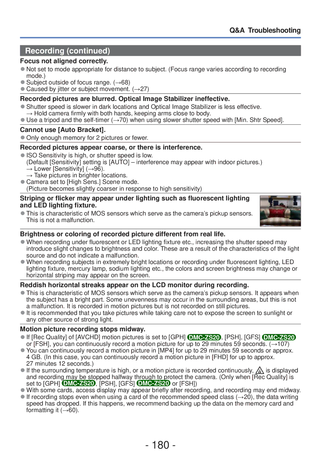 Panasonic DMC-ZS20 180, Focus not aligned correctly, Cannot use Auto Bracket, Motion picture recording stops midway 