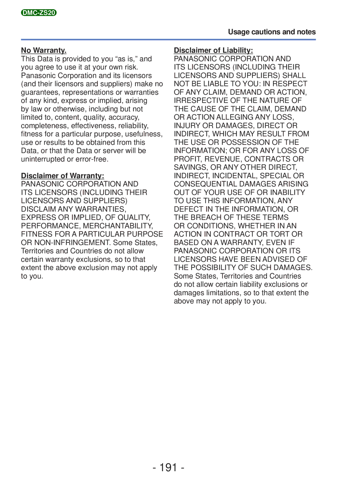 Panasonic DMC-ZS19, DMC-ZS20 191, Usage cautions and notes No Warranty, Disclaimer of Warranty, Disclaimer of Liability 