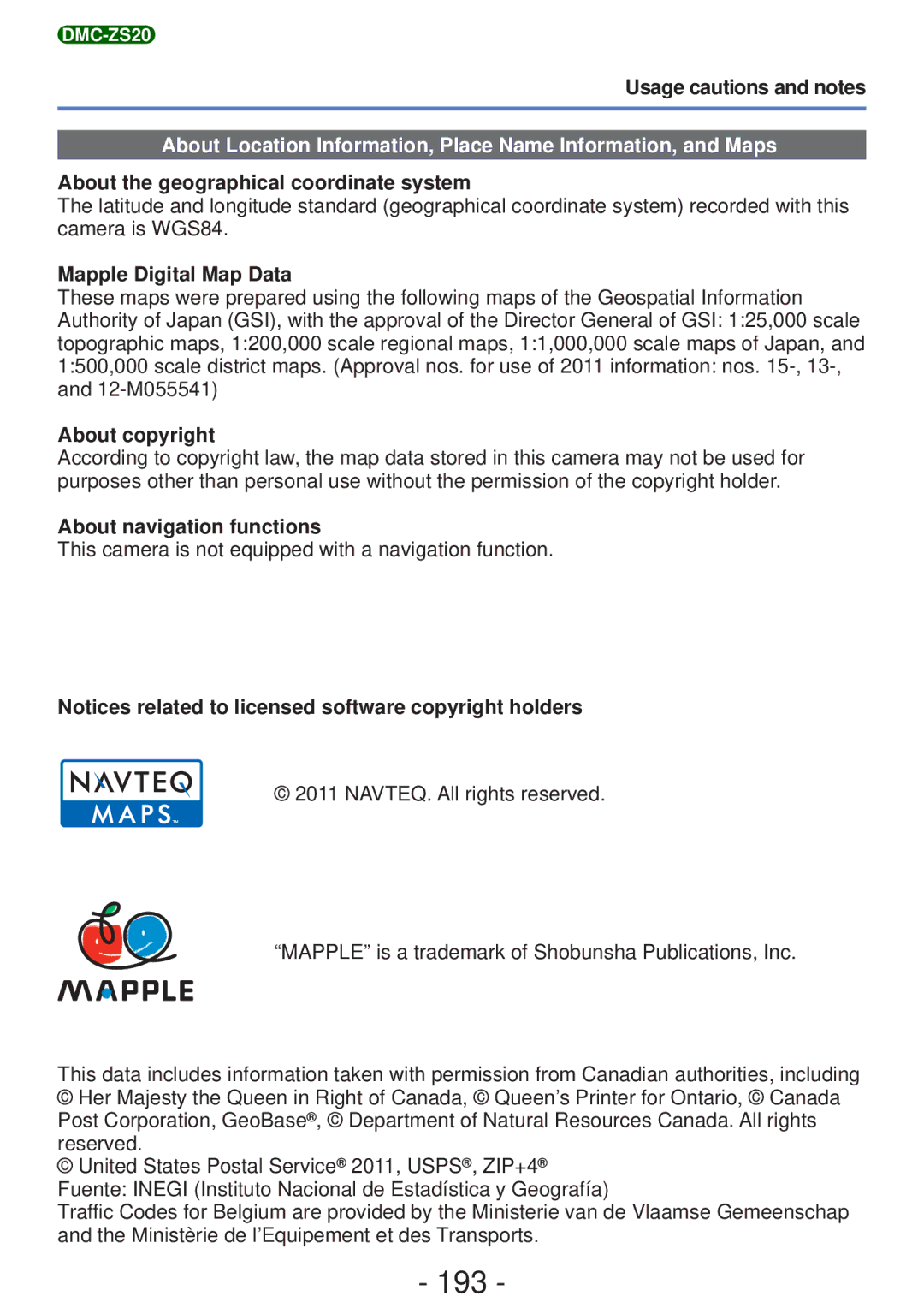 Panasonic M0112KZ0, DMC-ZS20 193, About the geographical coordinate system, Mapple Digital Map Data, About copyright 