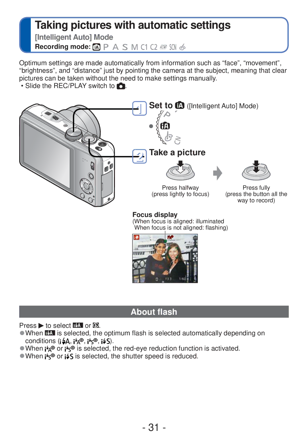 Panasonic DMC-ZS19, DMC-ZS20, DMCZS20K, M0112KZ0, VQT4B93 Taking pictures with automatic settings, About flash, Focus display 