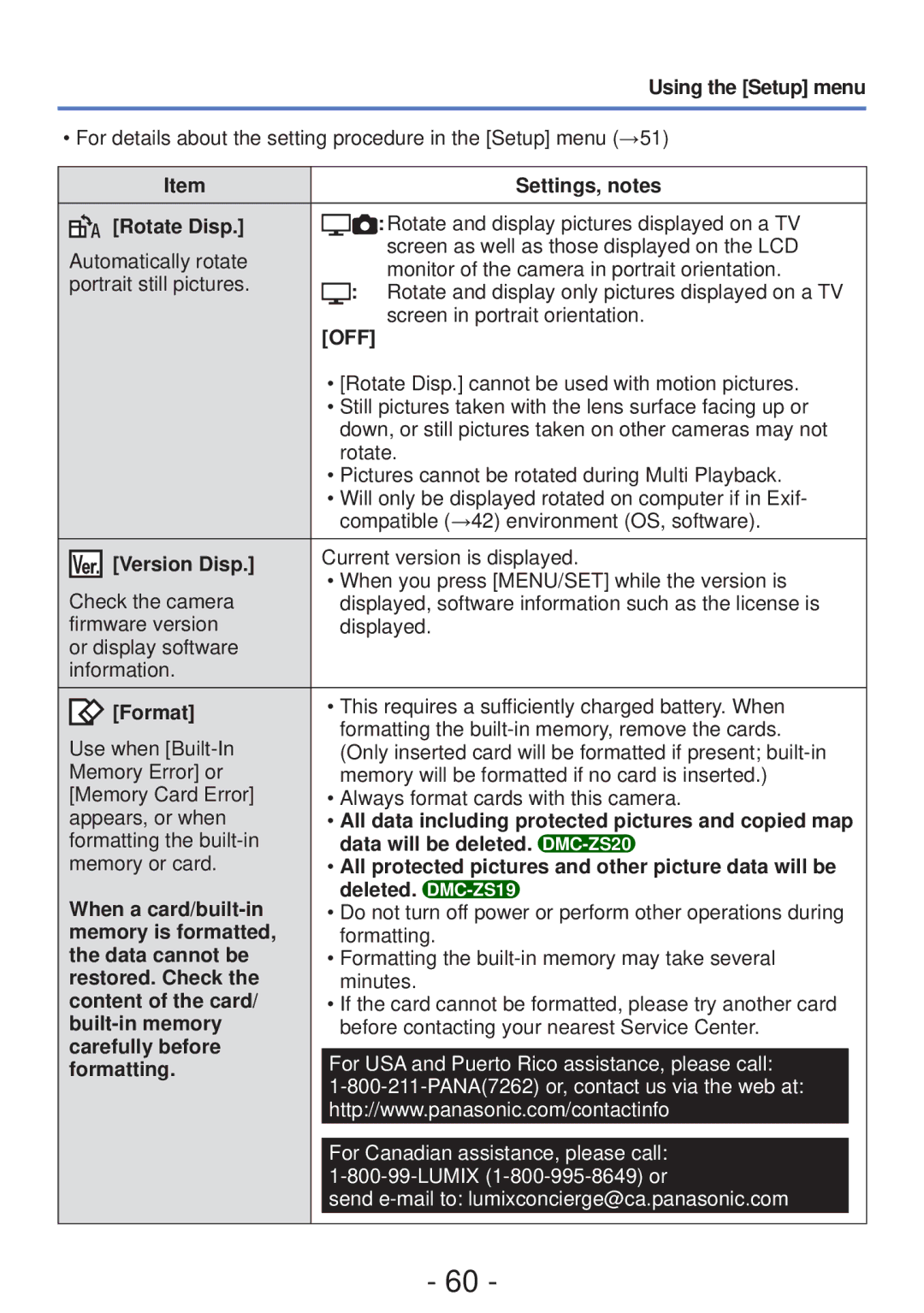 Panasonic DMC-ZS20 Rotate Disp, Version Disp, Format, When a card/built-in Deleted, Memory is formatted, Data cannot be 